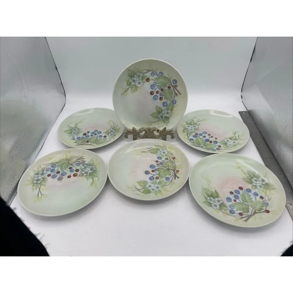 Studio Pottery Hand Painted Salad Plates‎ Dogwood Flowers Blueberries (6) Signed